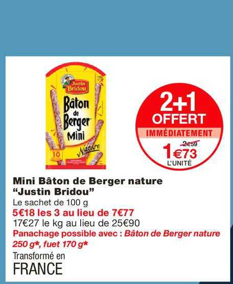 mini bâton de berger nature justin bridou 2+1 offert