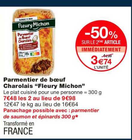 parmentier de bœuf charolais fleury michon -50% sur le 2ème article immédiatement