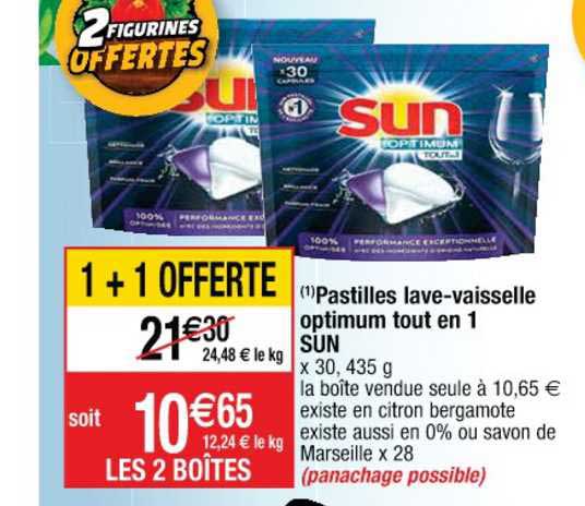 pastilles lave vaisselle optimum tout en 1 sun 1+1 offerte