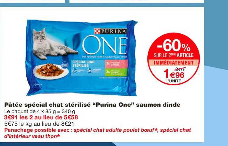 pâté spécial chat stérilisé purina one saumon dinde -60% sur le 2ème article immédiatement