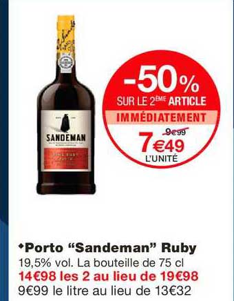 porto sandeman ruby -50% sur le 2ème article immédiatement
