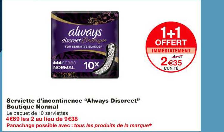 serviette d'incontinence always discreet boutique normal 1+1 offert