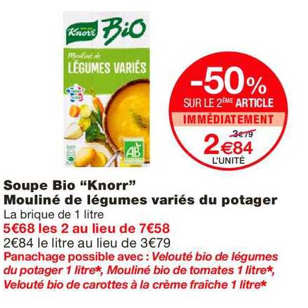soupe bio knorr mouliné de légumes variés du potager -50% sur le 2ème article immédiatement