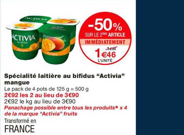 spécialité laitière au bifidus activia mangue -50% sur le 2ème article immédiatement
