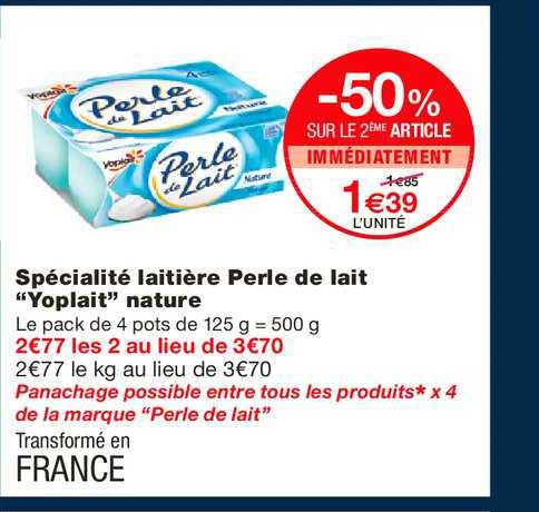 spécialité laitière perle de lait yoplait nature -50% sur le 2ème article immédiatement
