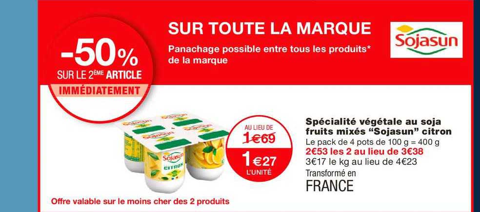 spécialité végétale au soja fruits mixés sojasun citron -50% sur le 2ème article immédiatement