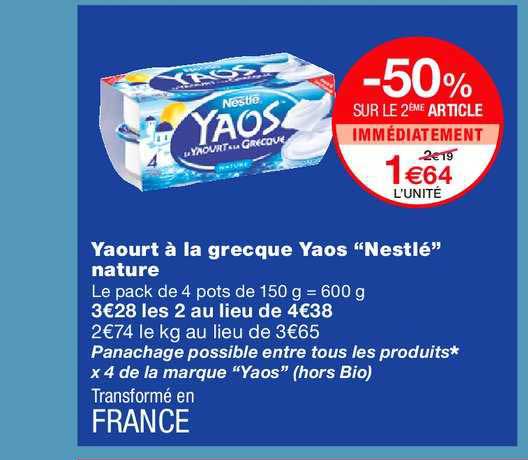 yaourt à la grecque yaos nestlé nature -50% sur le 2ème article immédiatement