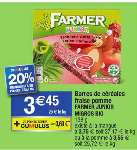 Barres De Céréales Fraise Pomme Farmer Junior Migros Bio
