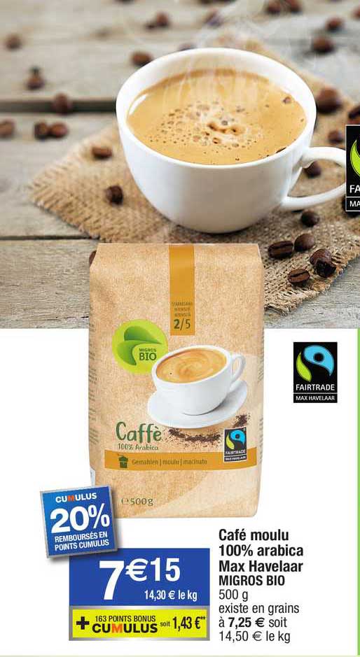 café moulu 100% arabica max havelaar migros bio