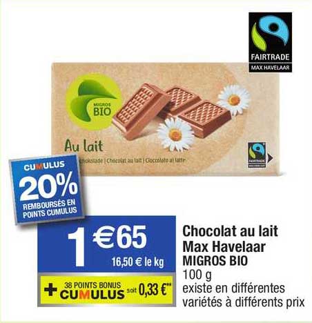 Chocolat Au Lait Max Havelaar Migros Bio