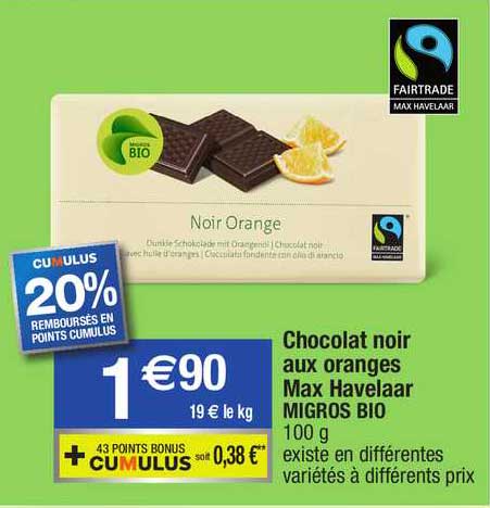 chocolat noir aux oranges max havelaar migros bio