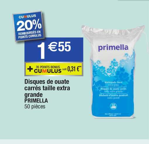 Disques De Ouate Carrés Taille Extra Grande Primella