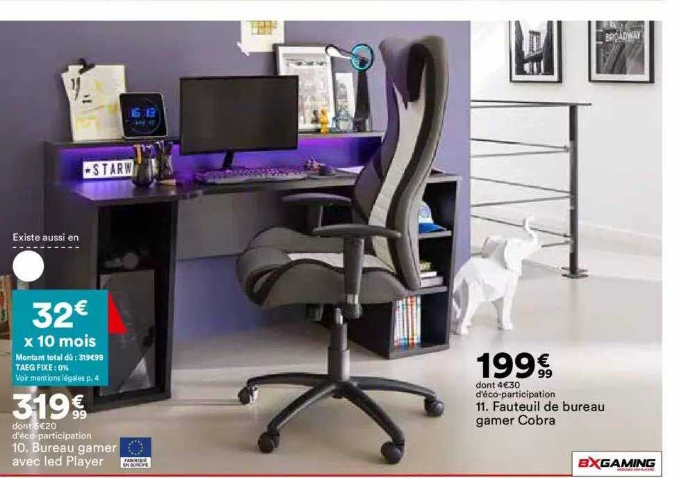 bureau gamer avec led player, fauteuil de bureau gamer cobra bxgaming