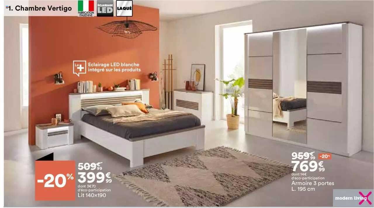 lit 140x190 cm, armoire 3 portes l. 195 cm modern living