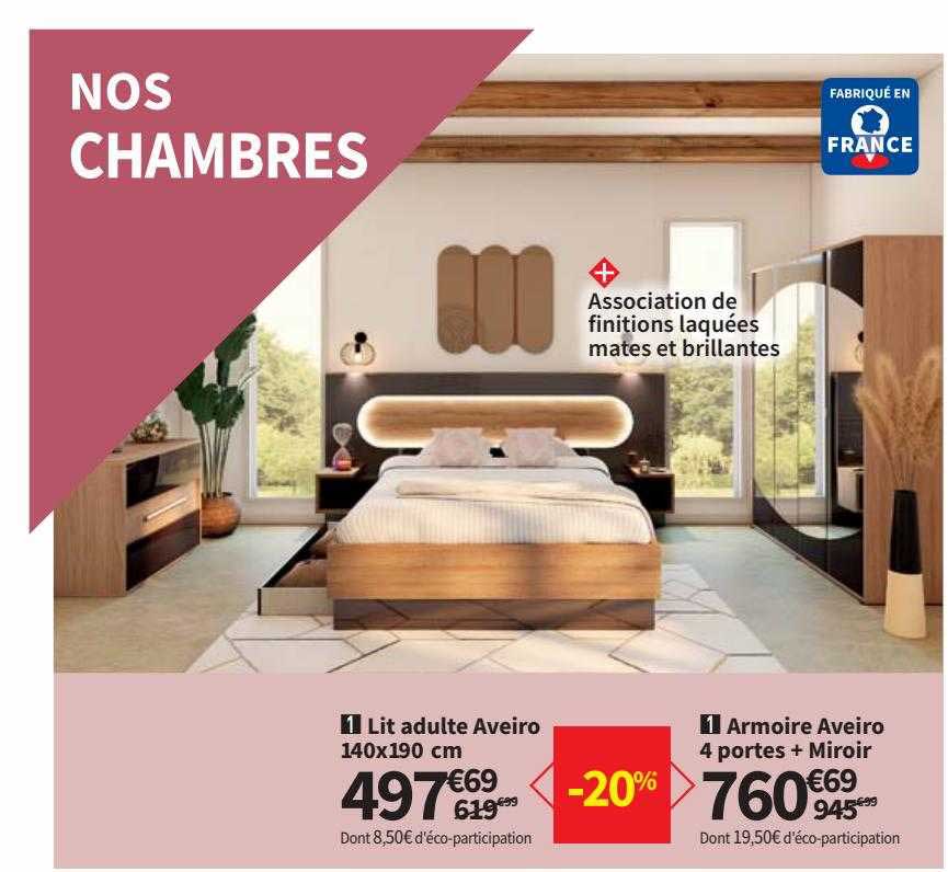 lit adulte aveiro 140x190 cm, armoire aveiro 4 portes + miroir