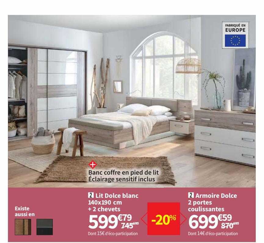 lit dolce blanc 140x190 cm + 2 chevets, armoire dolce 2 portes coulissantes