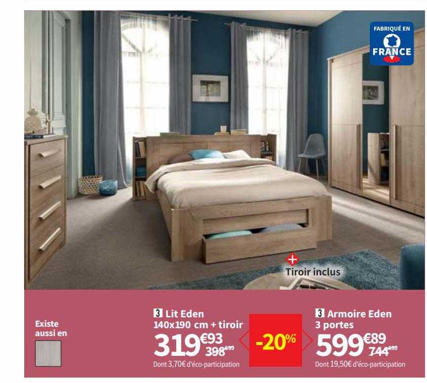 lit eden 140x190 cm + tiroir, armoire eden 3 portes