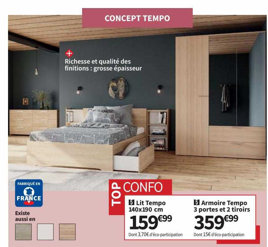 lit tempo 140x190 cm, armoire tempo 3 portes et 2 tiroirs