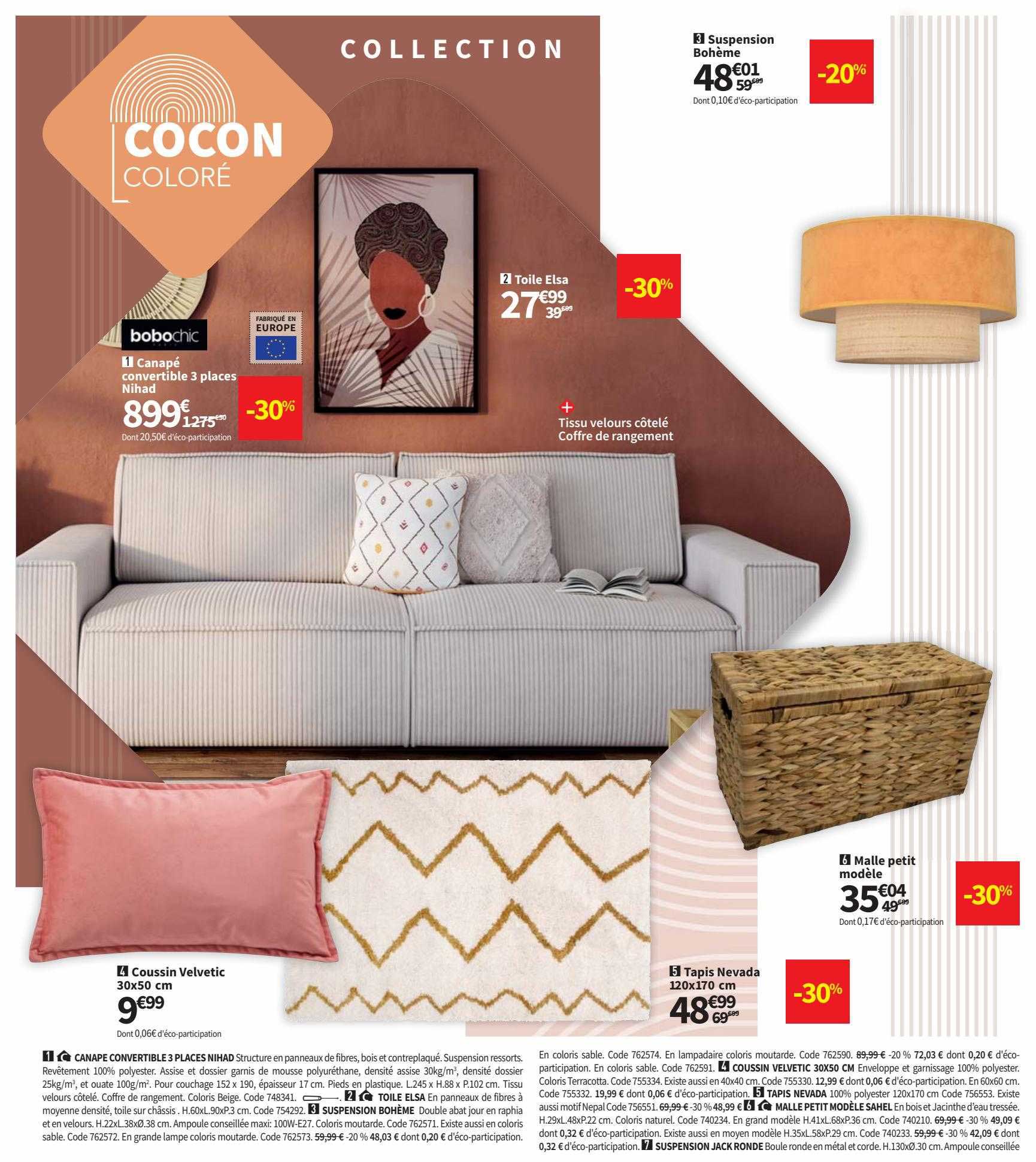 suspension bohème, toile elsa, canapé convertible 3 places nihad, coussin velvetic 30x50 cm, tapis nevada 120x170 cm, malle petit modèle