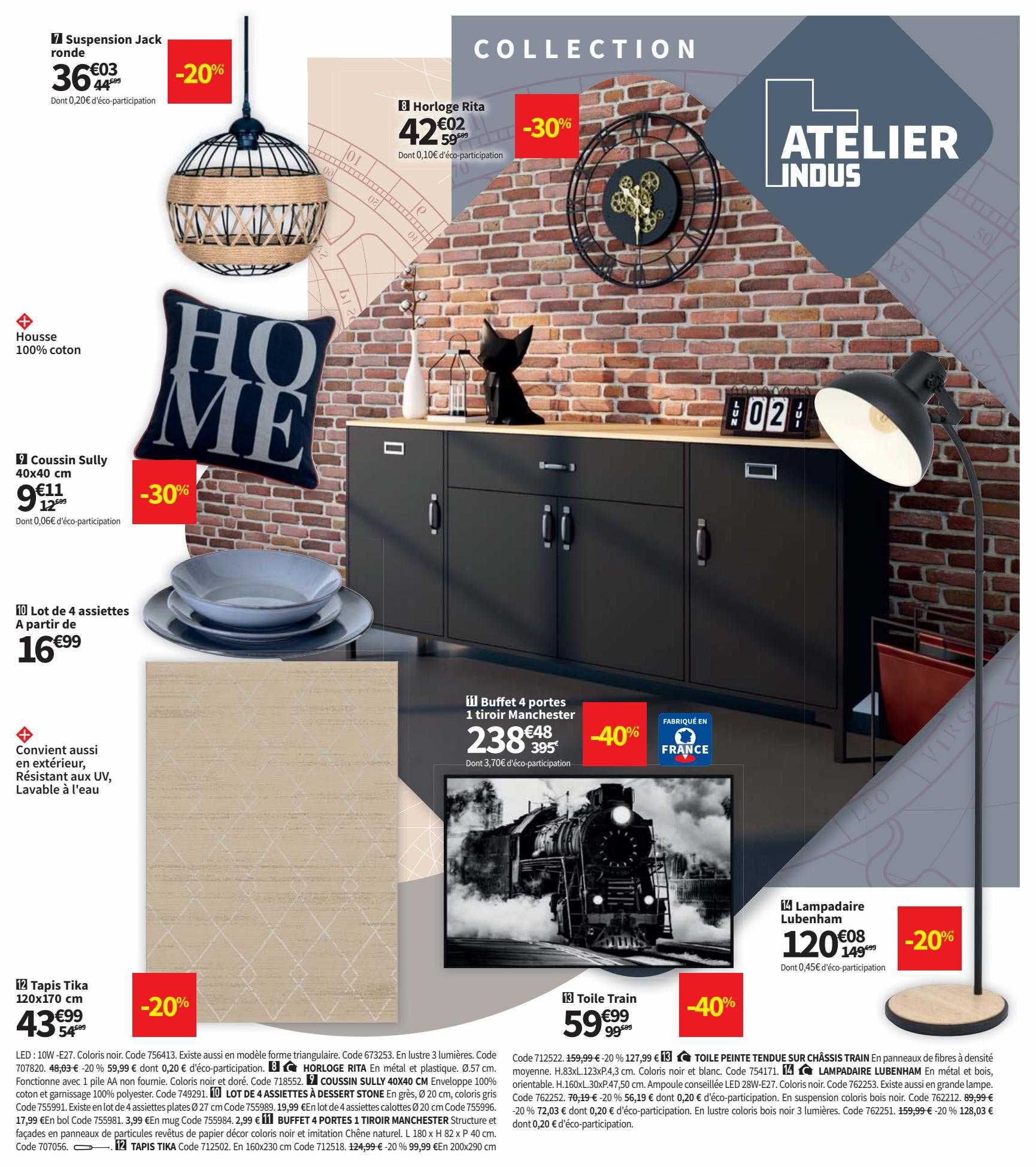 Suspension Jack Ronde, Coussin Sully 40x40 Cm, Lot De 4 Assiettes, Buffet 4 Portes 1 Tiroir Manchester, Tapis Tika 120x170 Cm, Toile Train, Lampadaire Lubenham