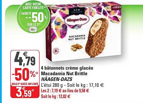 4 Bâtonnets Crème Glacée Macadamia Nut Brittle Häagen-dazs