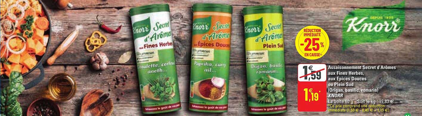 assaisonnement secret d'aromes aux fines herbes, aux épices douces ou plein sud (origan, basilic, romarin) knorr