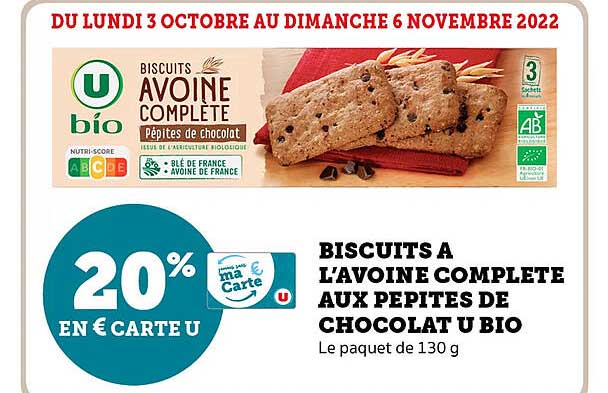 biscuits à l'avoine complète aux pépites de chocolat u bio