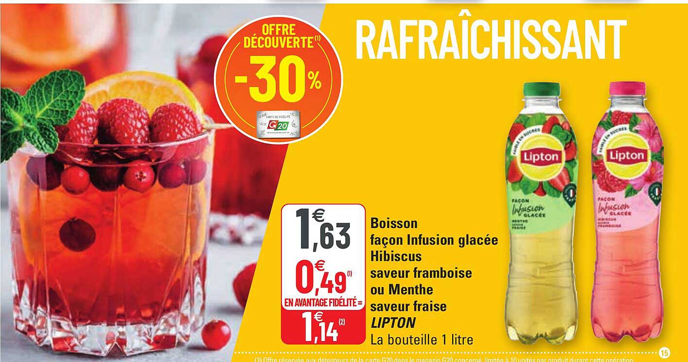 Boisson Façon Infusion Glacée Hibiscus Saveur Framboise Ou Menthe Saveur Fraise Lipton