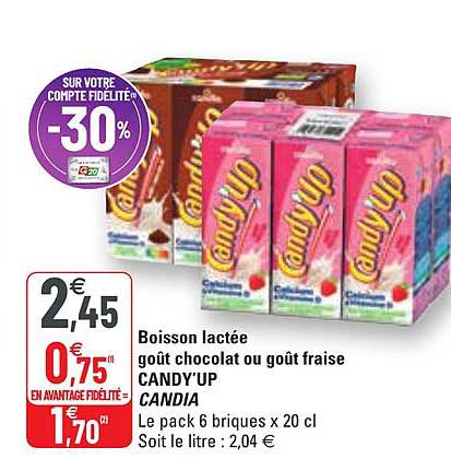 boisson lactée goût chocolat ou goût fraise candy'up candia