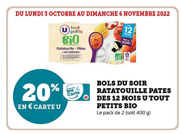 bols du soir ratatouille pâtes dès 12 mois u tout petits bio