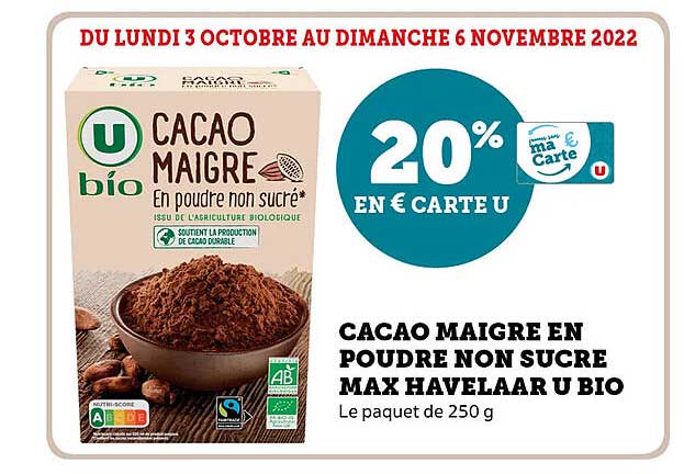 cacao maigre en poudre non sucré max havelaar u bio
