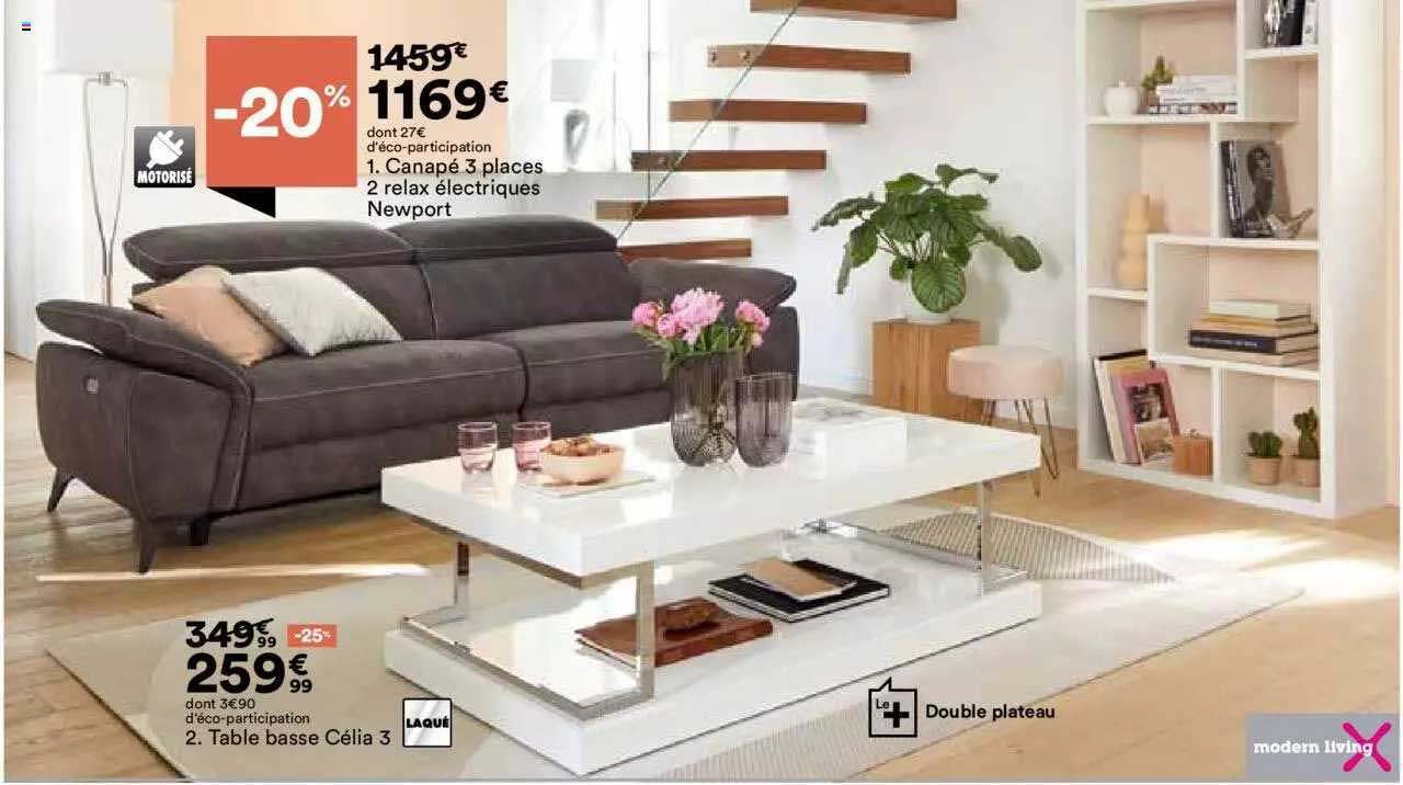 canapé 3 places 2 relax électriques newport, table basse célia 3 modern living