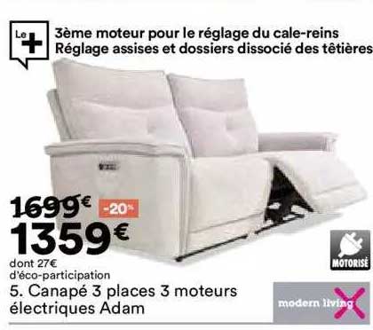 canapé 3 places 3 moteurs électriques adam modern living