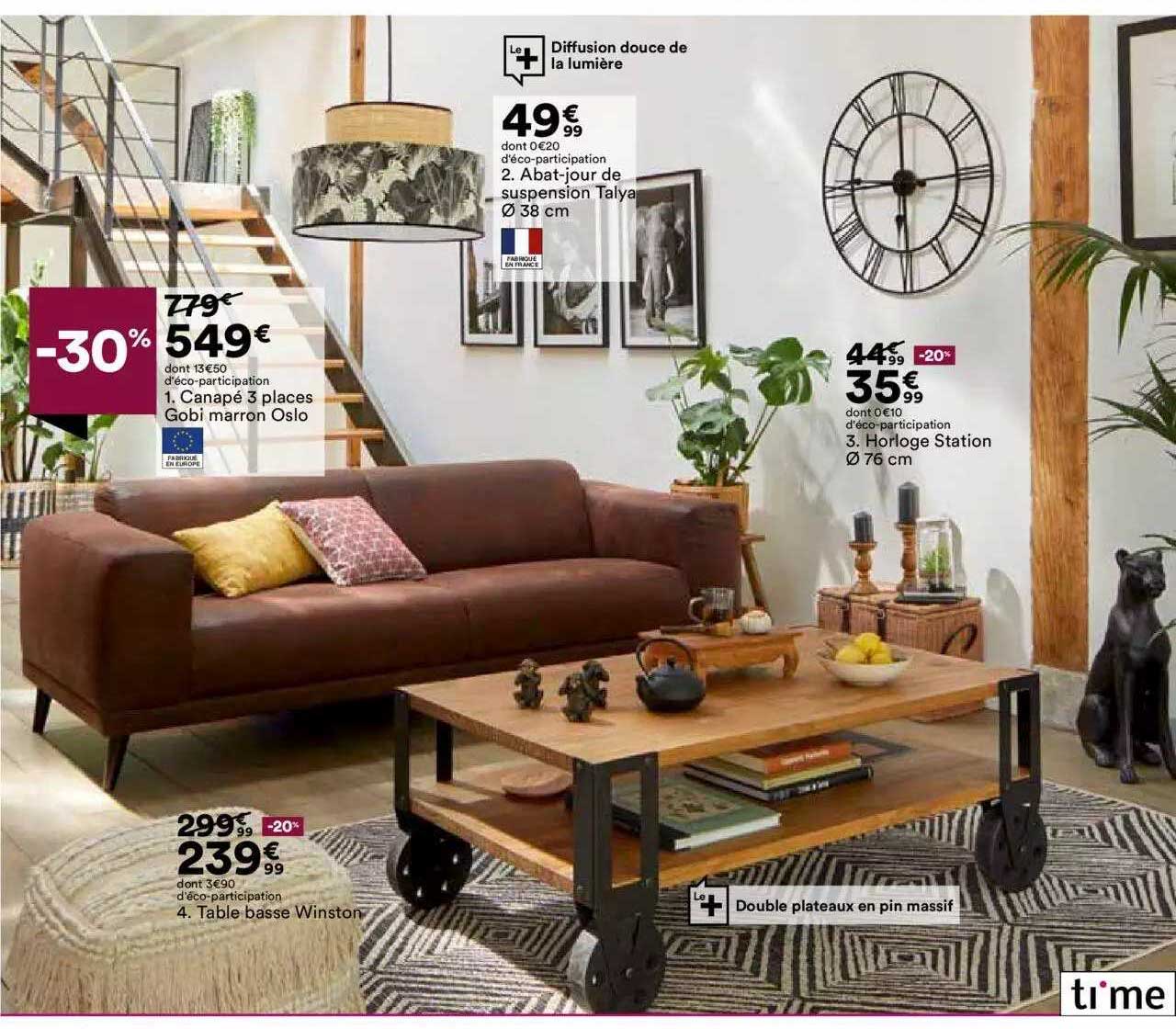 canapé 3 places gobi marron oslo, abat-jour de suspension taly ø 38 cm, horloge station ø 76 cm, table basse winston ti'me