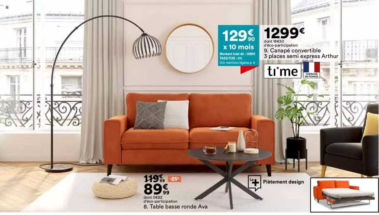 canapé convertible 3 places semi express arthur, table basse ronde ava