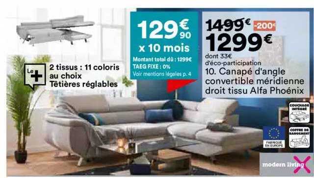 canapé d'angle convertible méridienne droit tissu alfa phoénix modern living