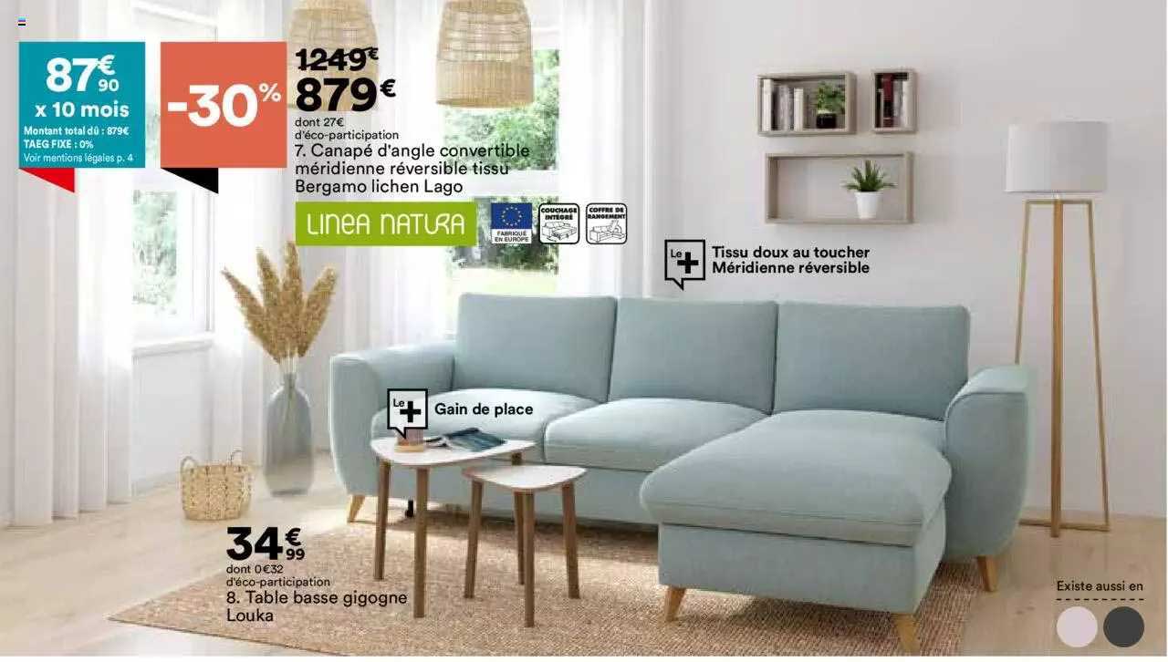 canapé d'angle convertible méridienne réversible tissu bergano lichen lago linea natura, table basse gigogne louka