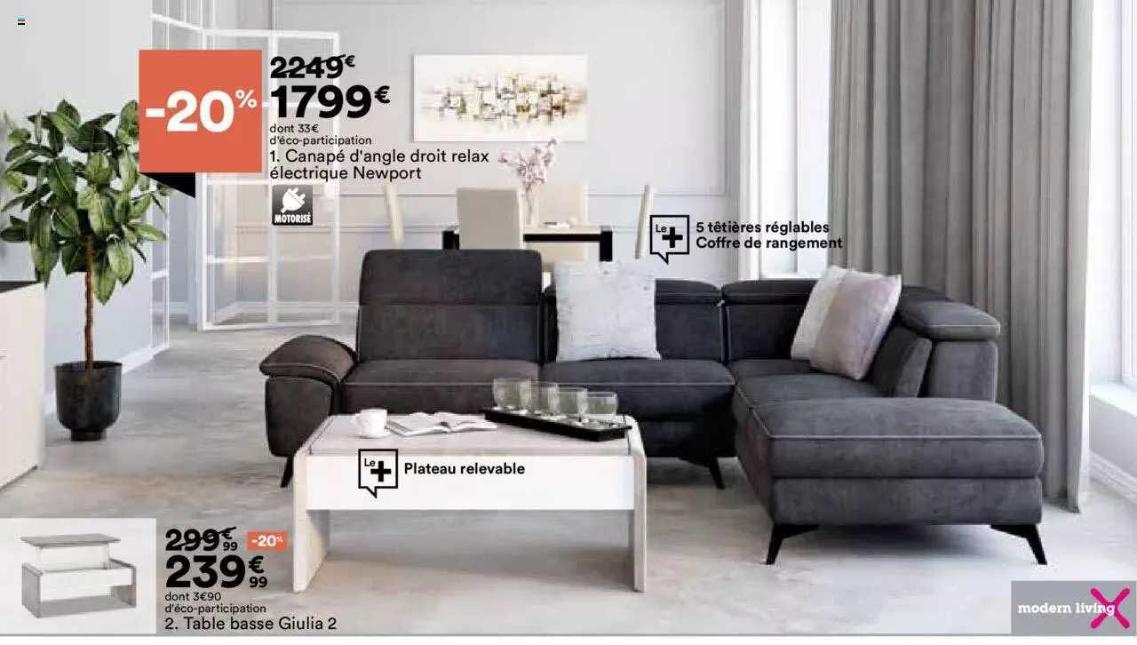 canapé d'angle droit relax électrique newport, table basse giulia 2 modern living