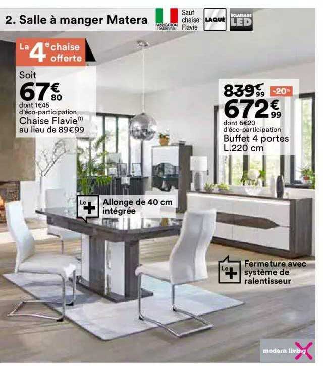 chaise flavie, buffet 4 portes l. 220 cm modern living