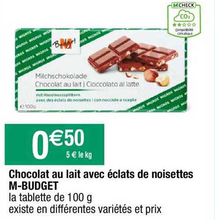 chocolat au lait avec éclats de noisettes m-budget