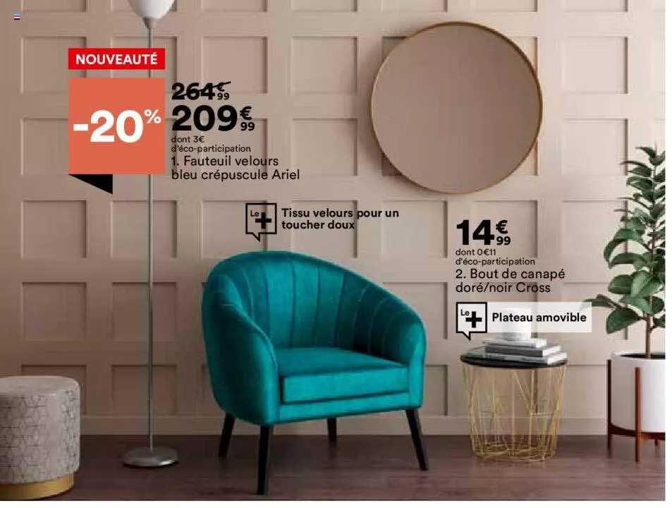 fauteuil velours bleu crépuscule ariel, bout de canapé doré-noir cross