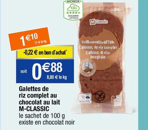galettes de riz complet au chocolat au lait m-classic