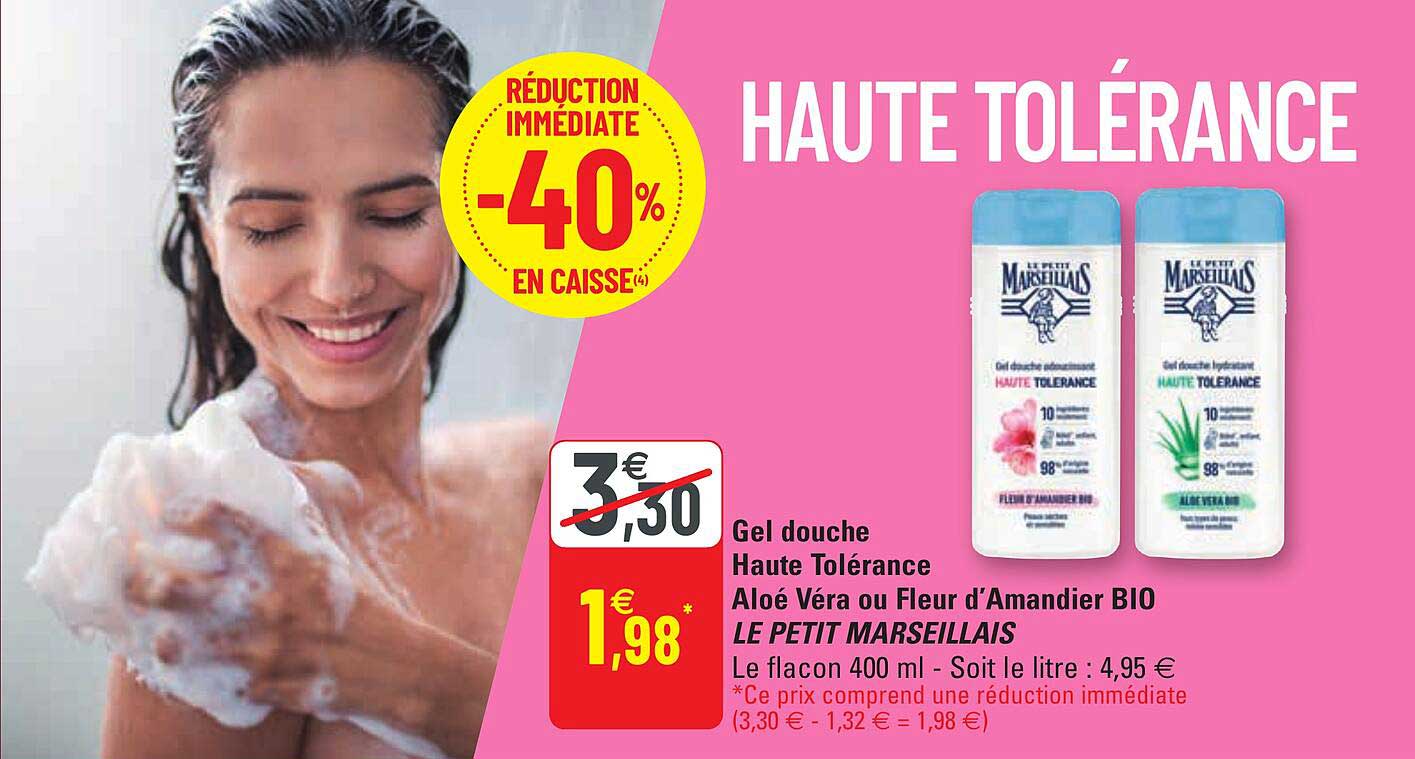 gel douche haute tolérance aloé véra ou fleur d'amandier bio le petit marseillais