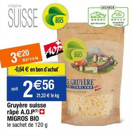 gruyère suisse râpé a.o.p. migros bio