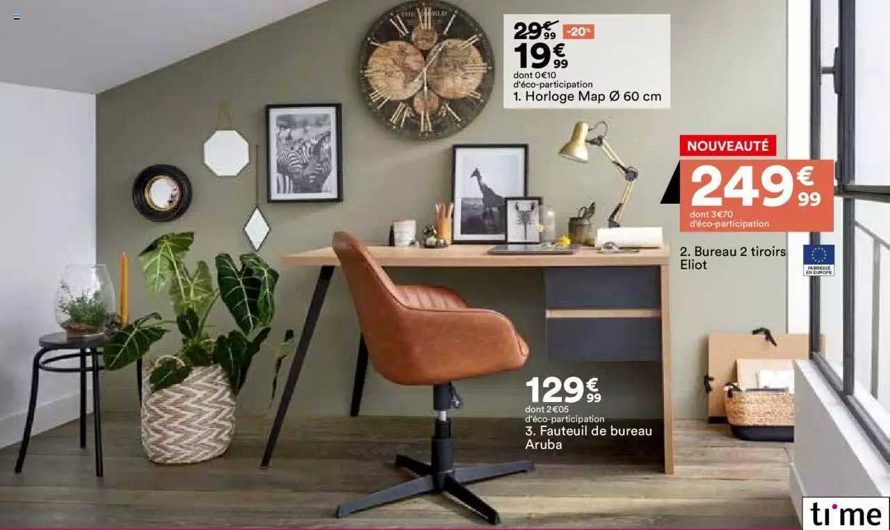 horloge map ø 60 cm, bureau 2 tiroirs eliot, fauteuil de bureau aruba ti'me