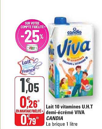 lait 10 vitamines u.g.t. demi-écrémé viva candia