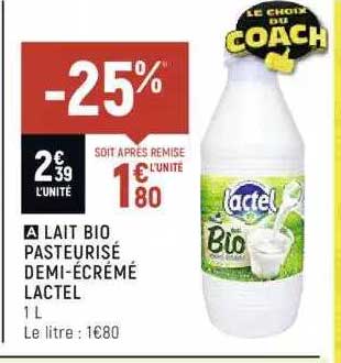 lait bio pasteurisé demi-écrémé lactel