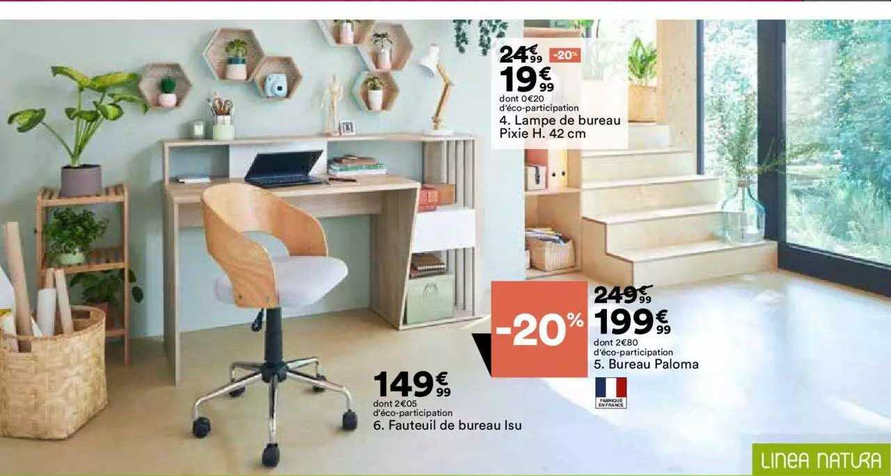 lampe de bureau pixie h. 42 cm, bureau paloma, fauteuil de bureau isu linea natura