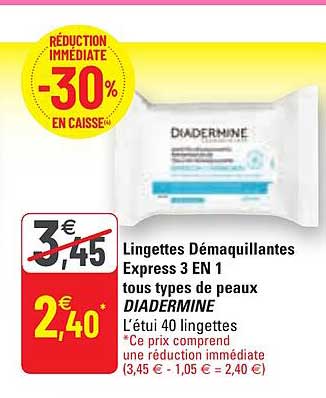lingettes démaquillantes express 3 en 1 tous types de peaux diadermine