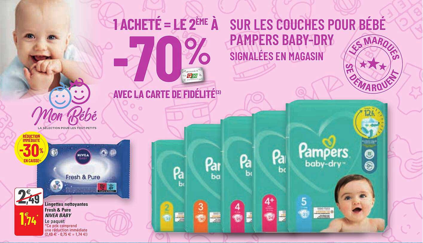 lingettes nettoyantes fresh & pure nivea baby, les couches pour bébé pampers baby-dry